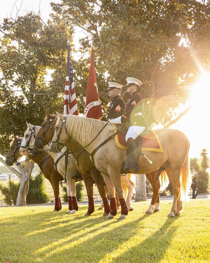 U.S. Marines with the Marine Corps Mounted Color Guard, Marine Corps Logistics Base Barstow, present the colors during the 81st annual Evening Colors Ceremony at the Santa Margarita Ranch House on Marine Corps Base Camp Pendleton, California, Sept. 20, 2023. The annual ceremony is held to recognize the base’s history, legacy, importance and the commemoration of the official dedication of Camp Pendleton. President Franklin D. Roosevelt dedicated the installation Sept. 25, 1942, in honor of World War I Maj. Gen. Joseph H. Pendleton, who had long advocated the establishment of a West Coast training base. (U.S. Marine Corps photo by Lance Cpl. Mary Jenni)