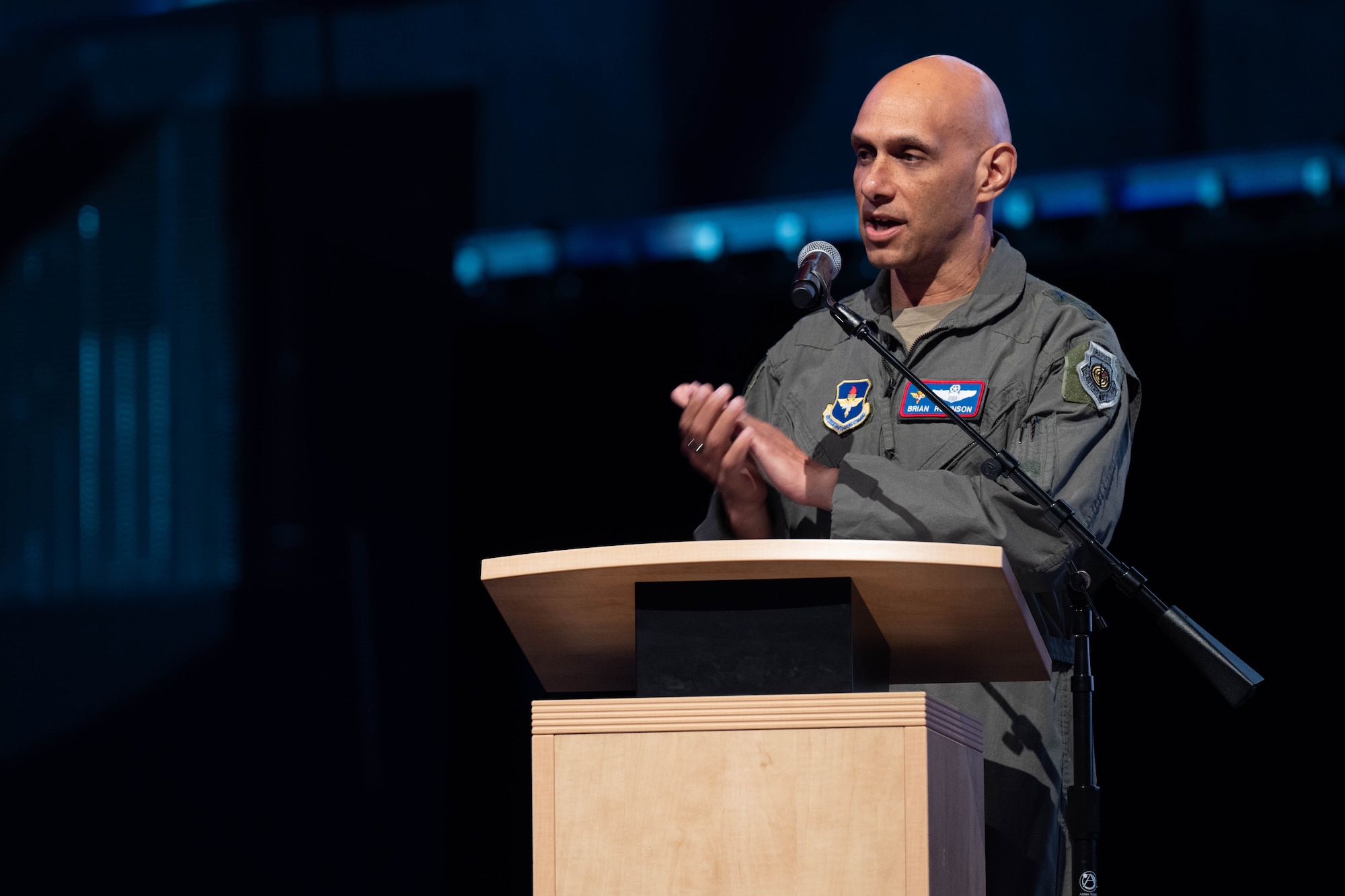 U.S. Air Force Lt. Gen. Brian Robinson, Air Education Training Command commander, speaks at the Torch Athena Rally and Fly-In, San Antonio, Texas, Sept. 19, 2023. The three-day event aims to leverage education to enact change and inspire diverse female warfighter Airmen of the future. (U.S. Air Force photo by Airman 1st Class Gabriel Jones)
