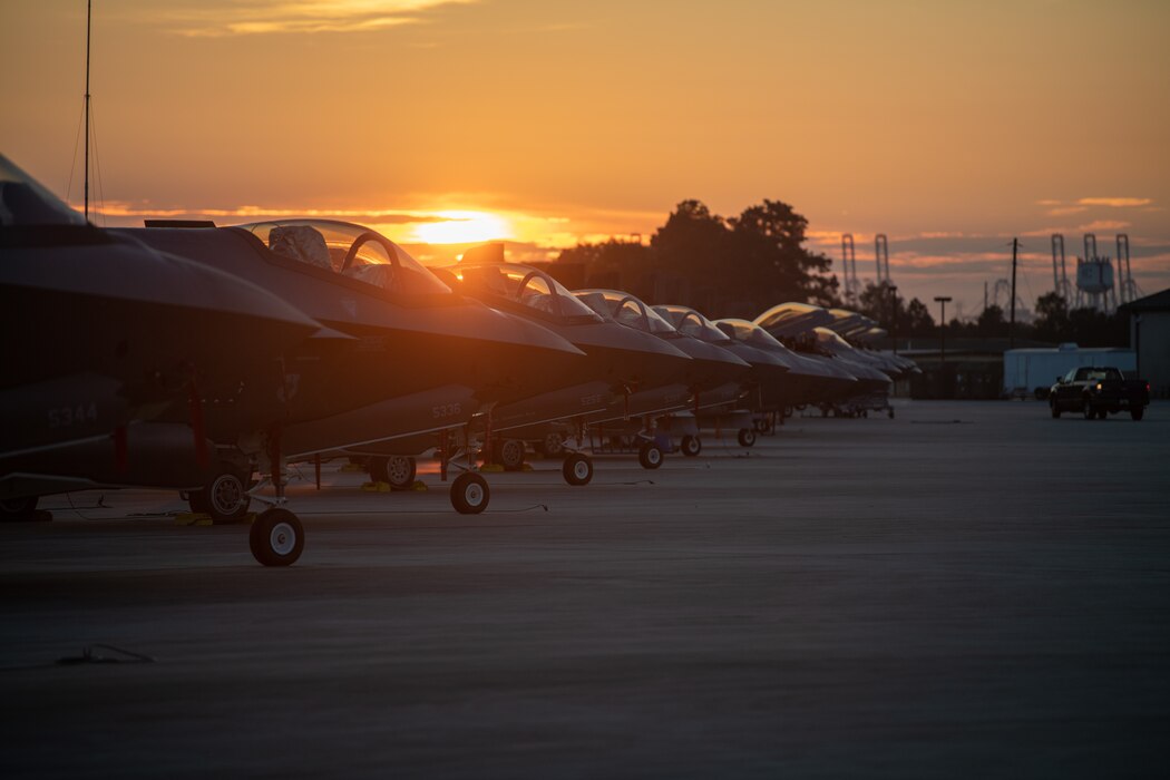 Photo of U.S. Air Force F-35A Lightning IIs assigned to the 158th Fighter Wing, sitting on the flight line prior to the third day of the William Tell competition the at Savannah Air National Guard Base, Georgia, Sept. 13, 2023. William Tell simulates real combat scenarios, challenging participants in air-to-air combat, aerial gunnery and air-to-ground targeting, including the combat and control aspects relating to participating aerial assets.
