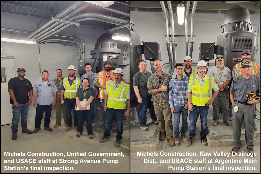 Several people stand in front of a large metal pump station with protective gear.