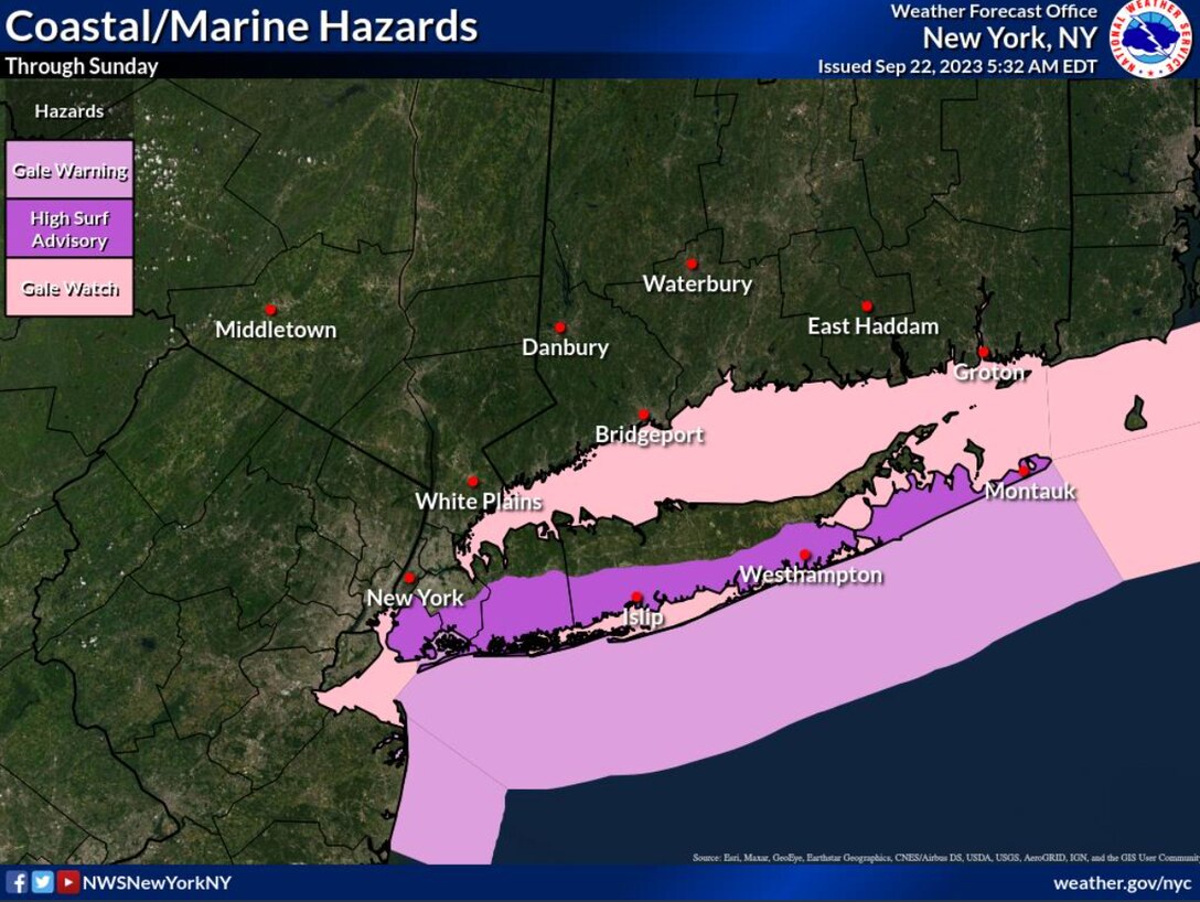 National Weather Service report of affected marine areas along the North Eastern shore.