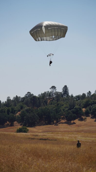 A photo of a U.S. Army paratrooper landing after deploying his parachute.