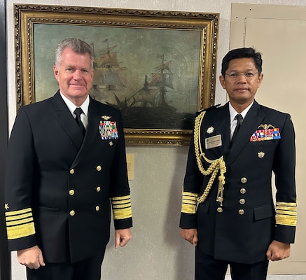 Adm. Samuel Paparo, left, commander, U.S. Pacific Fleet, meets with Adm. Datuk Abdul Rahman bin Ayob, chief of the Royal Malaysia Navy, during the International Seapower Symposium in Newport, Rhode Island, Sept. 21, 2023. ISS is a biennial event hosted by the Office of the Chief of Naval Operations (CNO) at the United States Naval War College since 1969. The symposium provides a forum for dialogue that bolsters maritime security by providing opportunities for international heads of navies and coast guards to collaborate, develop trust, and further maritime training. (Photo courtesy of U.S. Navy)
