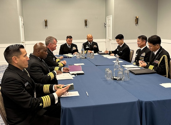 Adm. Samuel Paparo, third from left, commander, U.S. Pacific Fleet, and Vice Adm. Kang, Dong Hun, second from right, vice chief of naval operations, Republic of Korea Navy, meet for bilateral discussions on maritime security during the 25th International Seapower Symposium (ISS), in Newport, Rhode Island, Sept. 19, 2023. ISS is a biennial event hosted by the Office of the Chief of Naval Operations (CNO) at the United States Naval War College since 1969. The symposium provides a forum for dialogue that bolsters maritime security by providing opportunities for international heads of navies and coast guards to collaborate, develop trust, and further maritime training. (Photo courtesy of U.S. Navy)