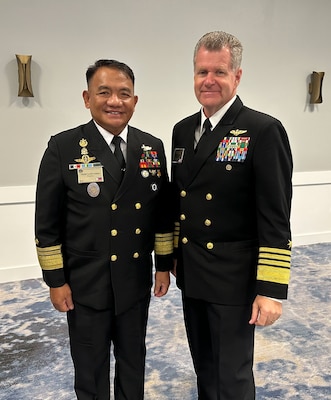 Adm. Samuel Paparo, right, commander, U.S. Pacific Fleet, meets with Vice Adm. Toribio Adaci Jr., left, flag officer-in-command, Philippine Navy, during the 25th International Seapower Symposium (ISS), in Newport, Rhode Island, Sept. 19, 2023. ISS is a biennial event hosted by the Office of the Chief of Naval Operations (CNO) at the United States Naval War College since 1969. The symposium provides a forum for dialogue that bolsters maritime security by providing opportunities for international heads of navies and coast guards to collaborate, develop trust, and further maritime training. (Photo courtesy of U.S. Navy)