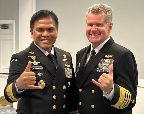 Adm. Samuel Paparo, right, commander, U.S. Pacific Fleet, meets with Adm. Muhammad Ali, left, chief of naval staff, Indonesian Navy, during the 25th International Seapower Symposium (ISS), in Newport, Rhode Island, Sept. 19, 2023. ISS is a biennial event hosted by the Office of the Chief of Naval Operations (CNO) at the United States Naval War College since 1969. The symposium provides a forum for dialogue that bolsters maritime security by providing opportunities for international heads of navies and coast guards to collaborate, develop trust, and further maritime training. (Photo courtesy of U.S. Navy)
