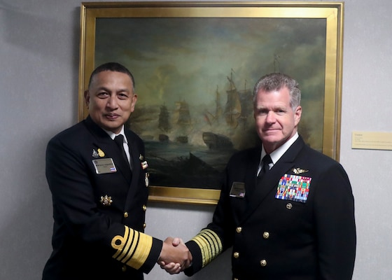 Adm. Sam Paparo, right, commander, U.S. Pacific Fleet, meets with Adm. Suwin Jangyodsuk, assistant commander-in-chief, Royal Thai Navy, during the 25th International Seapower Symposium (ISS), in Newport, Rhode Island, Sept. 20, 2023. ISS is a biennial event hosted by the Office of the Chief of Naval Operations (CNO) at the United States Naval War College since 1969. The symposium provides a forum for dialogue that bolsters maritime security by providing opportunities for international heads of navies and coast guards to collaborate, develop trust, and further maritime training. (U.S. Navy photo by Mass Communication Specialist Second Class Jonteil L. Johnson)