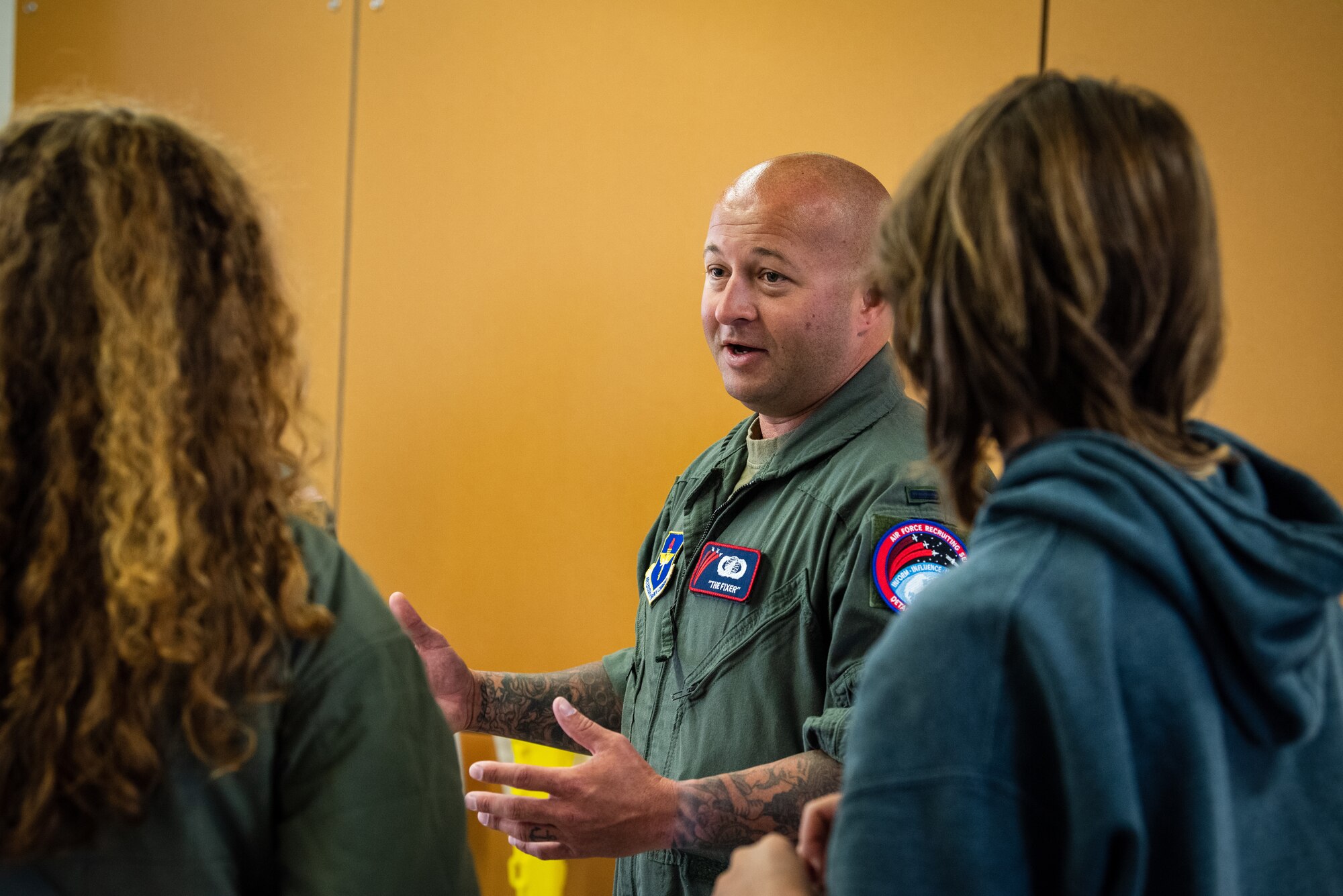 U.S. Air Force 1st Lt. Ryan Kenney, Aim High Flight Academy program manager assigned to Air Force Recruiting Service Detachment 1, Joint Base San Antonio-Randolph, Texas, speaks to students at Kodiak High School, in Kodiak, Alaska, Sept. 6, 2023.
