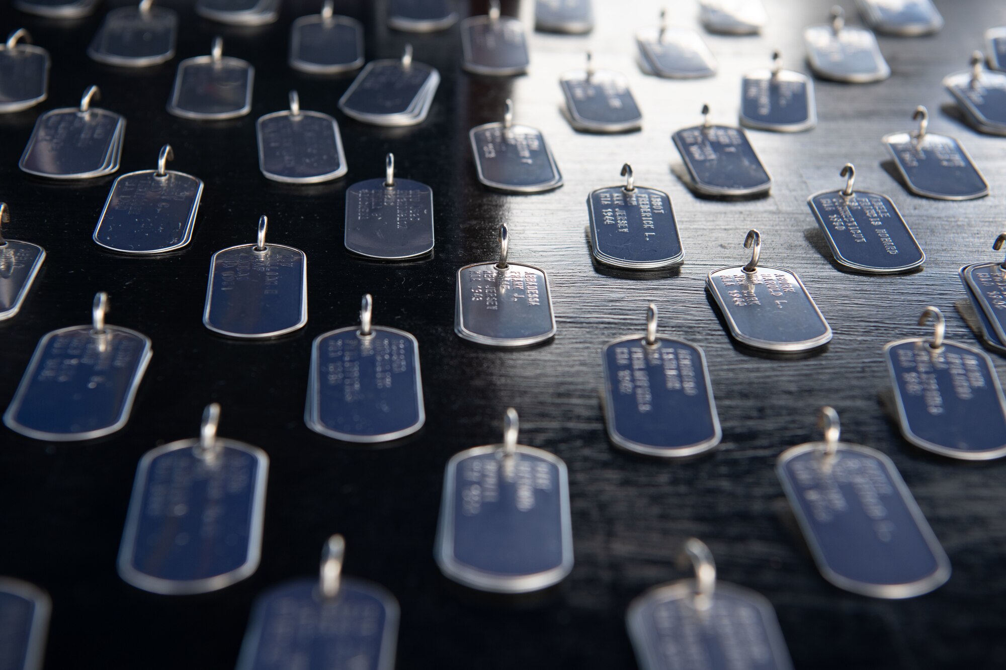 A close up photos of dog tags on display on a board.