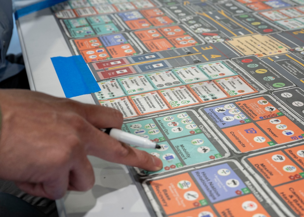 Hand pointing at military themed game board.