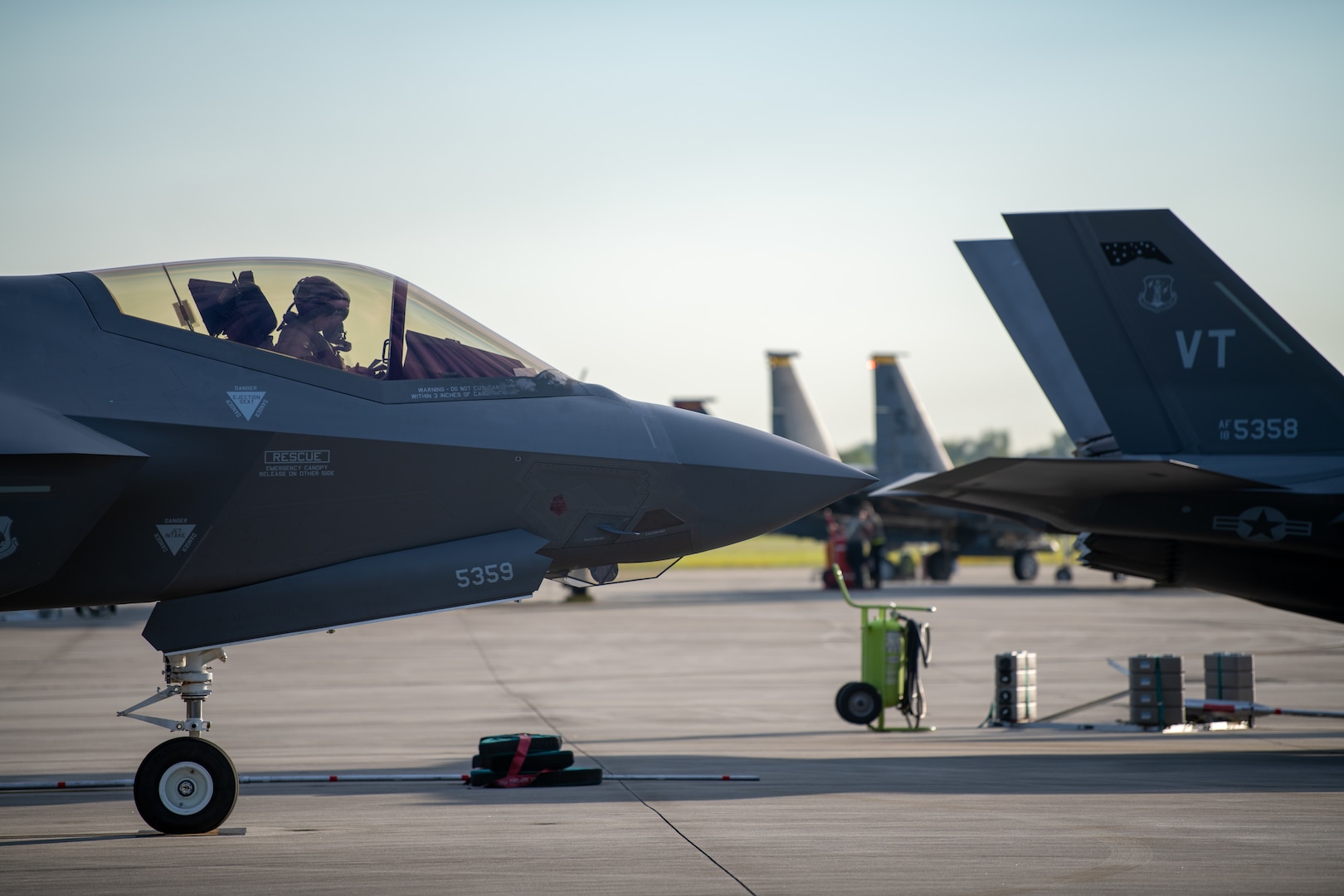 Photo of A fighter pilot assigned to the 134th Fighter Squadron, Vermont Air National Guard prepares to take off at the William Tell competition at the Savannah Air National Guard Base, Georgia, Sept. 13, 2023. William Tell simulates real combat scenarios, challenging participants in air-to-air combat, aerial gunnery and air-to-ground targeting, including the combat and control aspects relating to participating aerial assets.