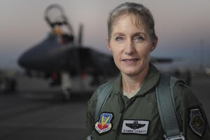 Brig. Gen. Jeannie Leavitt, 57th Wing commander, Nellis Air Force Base, Nev., poses for a portrait on the flightline July 15, 2016. Leavitt is responsible for 34 squadrons at 13 installations constituting the Air Force's most diverse flying wing. (U.S. Air Force photo by Airman 1st Class Kevin Tanenbaum)