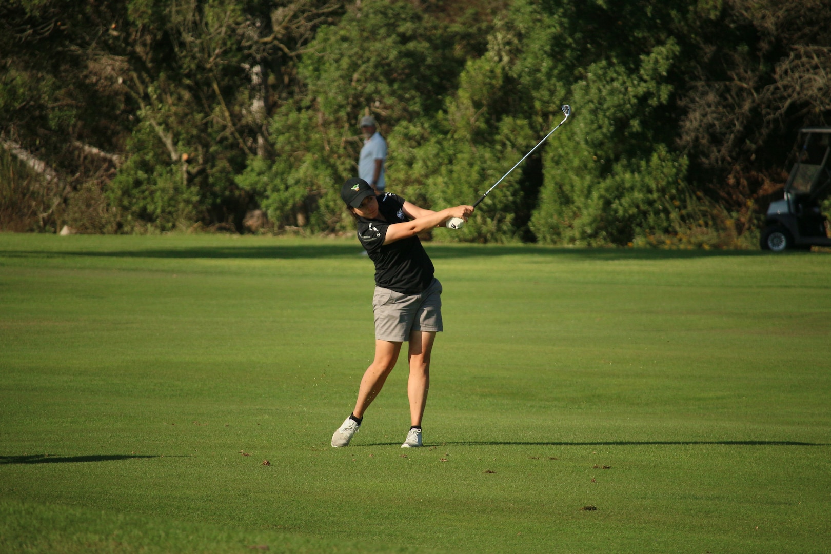 Army Capt. Melanie De Leon here on the fairway was able to keep her lead by one stroke over Air Force Lt Col. Linda Jeffery. 2023 marks the 75th anniversary of Armed Forces Golf. This year, Naval Base San Diego hosts the championship at the Admiral Baker Golf Course, featuring teams from the Army, Marine Corps, Navy, and Air Force (with Space Force players); and for the first time as a stand alone team, the U.S. Coast Guard.  Department of Defense Photo by Mr. Steven Dinote - Released.