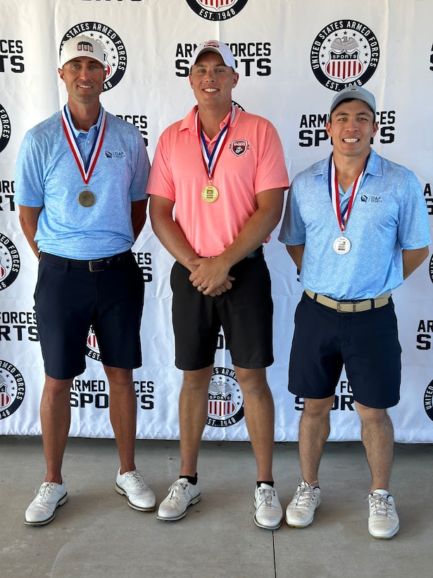 Individual Medalists of the 2023 Armed Forces Golf Championship. From left to right:  Bronze Medalist, Air Force Tech Sgt. Kyle Wesolowski; Gold Medalist Marine Corps Capt Nicholas Brediger; Air Force 1st Lt. Joseph Crisostomo. 2023 marks the 75th anniversary of Armed Forces Golf. This year, Naval Base San Diego hosts the championship at the Admiral Baker Golf Course, featuring teams from the Army, Marine Corps, Navy, and Air Force (with Space Force players); and for the first time as a stand alone team, the U.S. Coast Guard.  Department of Defense Photo by Ms. Theresa Smith - Released.