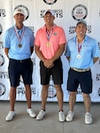 Individual Medalists of the 2023 Armed Forces Golf Championship. From left to right:  Bronze Medalist, Air Force Tech Sgt. Kyle Wesolowski; Gold Medalist Marine Corps Capt Nicholas Brediger; Air Force 1st Lt. Joseph Crisostomo. 2023 marks the 75th anniversary of Armed Forces Golf. This year, Naval Base San Diego hosts the championship at the Admiral Baker Golf Course, featuring teams from the Army, Marine Corps, Navy, and Air Force (with Space Force players); and for the first time as a stand alone team, the U.S. Coast Guard.  Department of Defense Photo by Ms. Theresa Smith - Released.