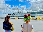 Families wait on the pier as the crew of the USCGC Myrtle Hazard returns to Guam on Sept. 24, 2023, following a 46-day expeditionary patrol in the Pacific, strengthening ties and security with regional partners. The recent patrol operation specifically supported the Pacific Islands Forum Fisheries Agency's annual Operation Island Chief at the outset of the patrol and the broader U.S. Coast Guard's Operation Blue Pacific, further solidifying the U.S. commitment to resource security and regional stability. (U.S. Coast Guard photo by Chief Warrant Officer Sara Muir)