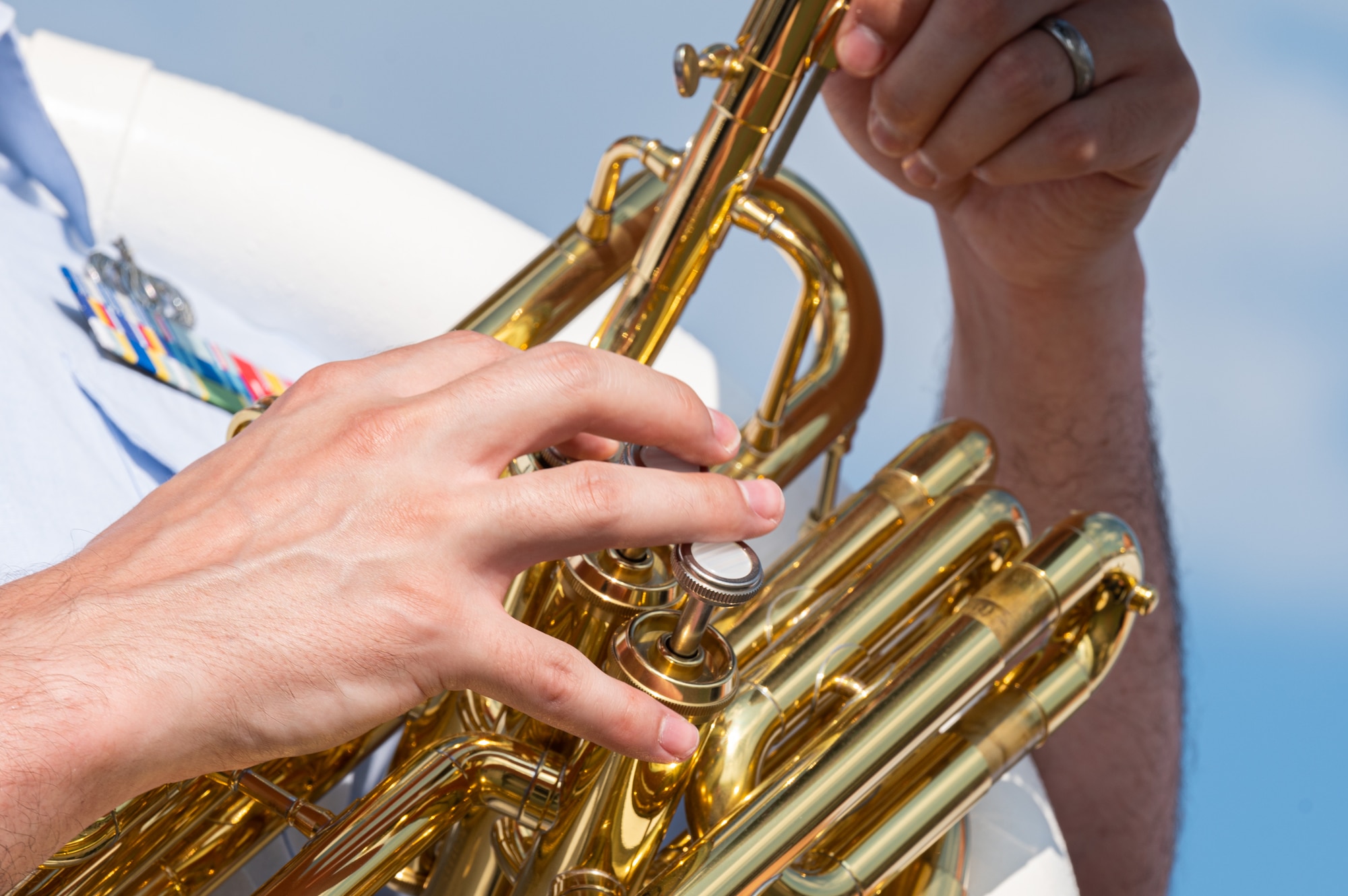 U.S. Air Force Staff Sgt. Will Dellinger, U.S. Air Forces in Europe Ceremonial Band tubist, performs during the NATO Days event at Leoš Janáček Airport in Ostrava, Czech Republic, Sept. 17, 2023.