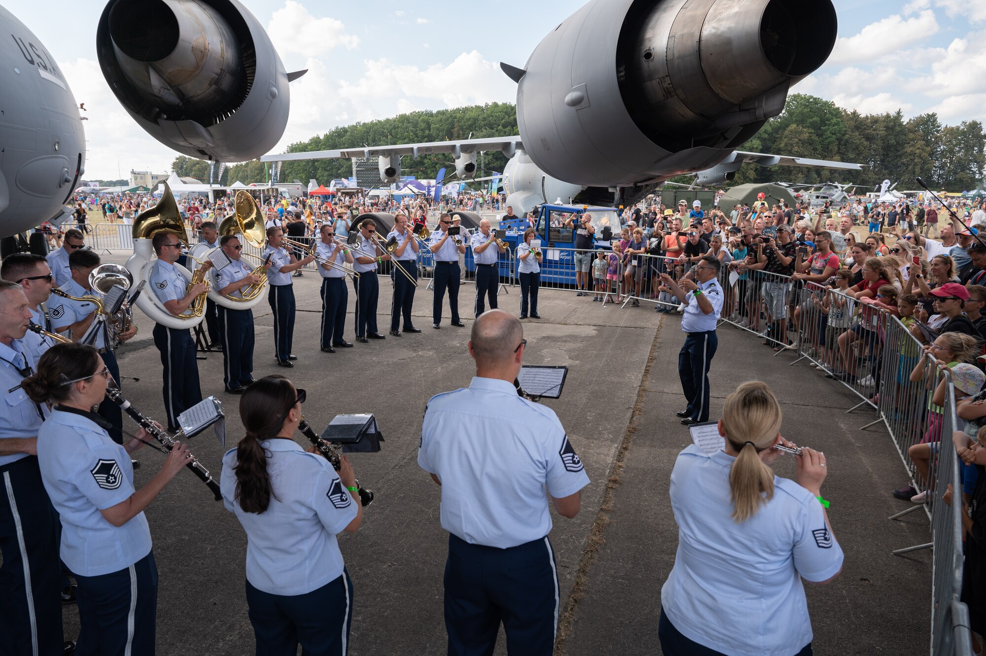 U.S. Air Force Airmen assigned to the U.S. Air Forces in Europe Ceremonial Band, perform during the NATO Days event at Leoš Janáček Airport in Ostrava, Czech Republic, Sept. 17, 2023.