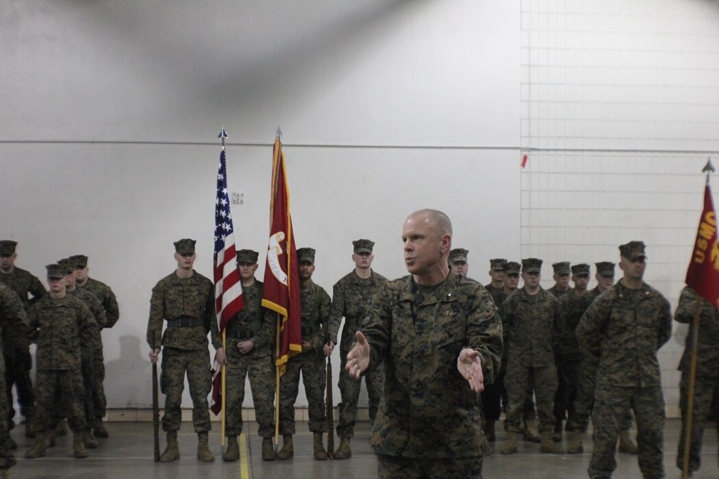 Brigadier General Michael F. Fahey, Commanding General of Force Headquarters Group (FHG), addresses attendees during the 4th Law Enforcement Battalion (4th LEB) change of command ceremony on January 21, 2017 at 4th LEB’s headquarters in St. Paul, Minnesota.  During that change of command, LtCol Johnny Gutierrez assumed command of 4th LEB from outgoing commander Col Michael Bracewell.



4th Law Enforcement Battalion (4th LEB), a subordinate unit of FHG, is a reserve Marine Corps military police battalion.  Headquartered in St. Paul, the Battalion’s subordinate units are located in numerous other locations across the United States.



Photo credit: Claire Christison