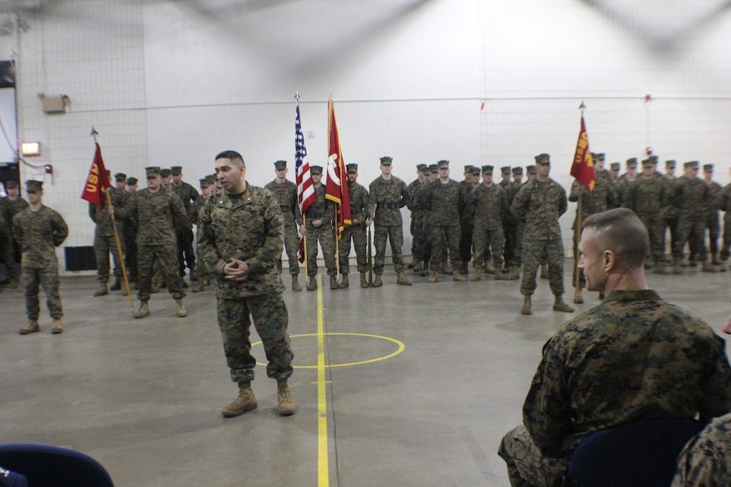LtCol Johnny Gutierrez, incoming Commanding Officer of 4th Law Enforcement Battalion, addresses attendees at the Battalion’s change of command ceremony, held on January 21, 2017 at 4th Law Enforcement Battalion’s headquarters in St. Paul, Minnesota.  During that change of command, LtCol Gutierrez assumed command of 4th LEB from outgoing commander Col Michael Bracewell (seated right, foreground).



4th Law Enforcement Battalion (4th LEB), a subordinate unit of FHG, is a reserve Marine Corps military police battalion.  Headquartered in St. Paul, the Battalion’s subordinate units are located in numerous other locations across the United States.



Photo credit: Claire Christison