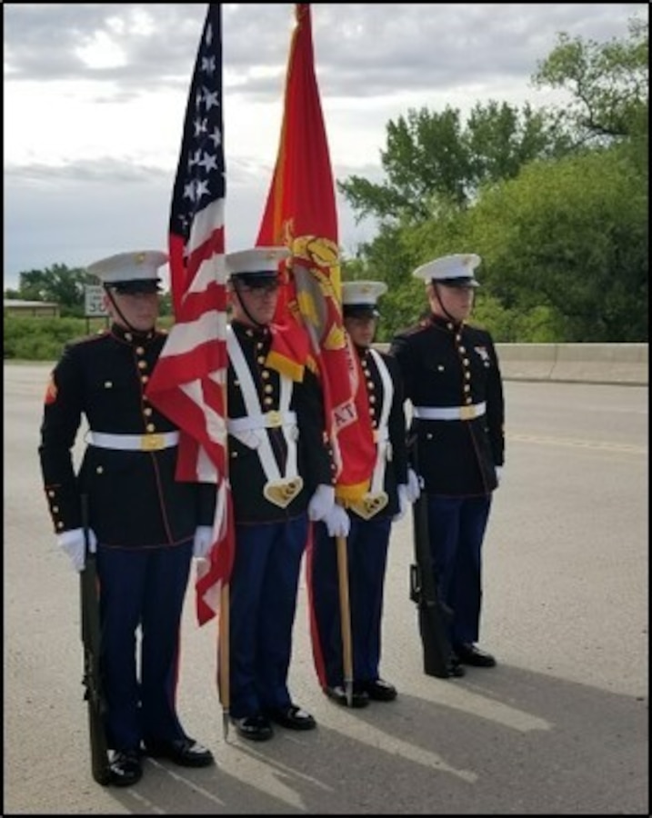 Reserve Marines assigned to Detachment Support Company, 4th Law Enforcement Battalion participated in the annual Blue Goose Parade on Saturday, June 3.  The Blue Goose Parade is the culminating event of a three-day spring celebration between the cities of Wahpeton, North Dakota and Breckenridge, Minnesota.  Detachment Support Company, based in Wahpeton, provided the Parade’s color guard, as well as two tactical vehicles, and walked the length of the parade route before staging their tactical vehicles at the Chahinkapa Zoo.  The color guard, from left to right: Cpl Leeman, Sgt Karsten, Cpl Nelson, LCpl Devaney.



4th Law Enforcement Battalion (4th LEB), a subordinate unit of Force Headquarters Group (FHG), is a reserve Marine Corps military police battalion. Headquartered in St. Paul, the Battalion’s subordinate units are located in numerous other locations across the United States.