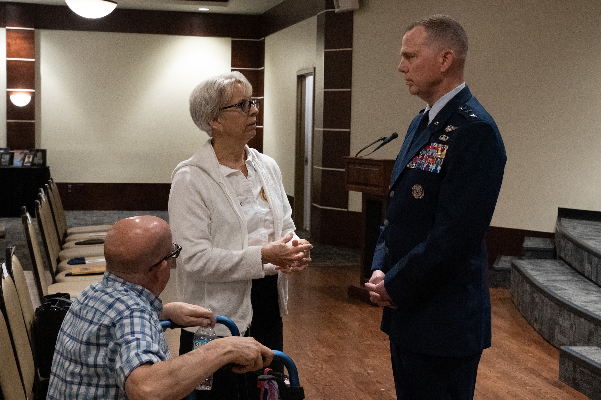 Michele Carey, Gold Star Mother of USMC Corporal Barton Humlhanz and U.S. Air Force Lt. Gen Greg Guillot, U.S. Central Command deputy commander, thanks Carey for her participation and sacrifice following a Gold Star Family Day ceremony at MacDill Air Force Base, Florida, Sept. 24, 2023.