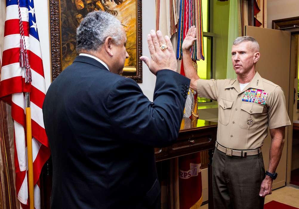 SECNAV Carlos Del Toro swears in Gen. Eric Smith as the 39th commandant of the Marine Corps.