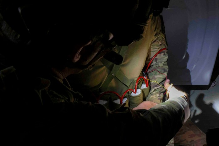 U.S. Air Force Tech. Sgt. Andrew Briggs, 60th Civil Engineer Squadron explosive ordnance disposal (EOD) technician from Travis Air Force Base, defuses an improvised explosive device during a simulated hostage situation Sept. 21, 2023, at Beale AFB, California.