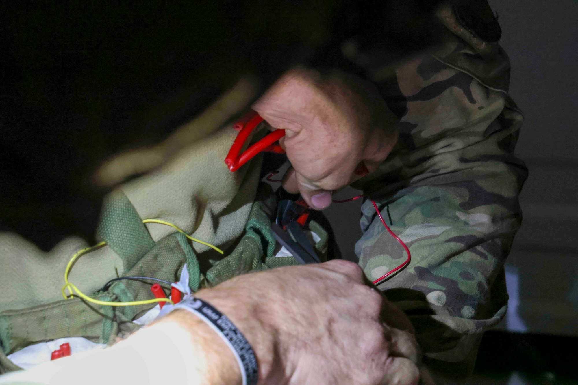 U.S. Air Force Tech. Sgt. Andrew Briggs, 60th Civil Engineer Squadron explosive ordnance disposal (EOD) technician from Travis Air Force Base, defuses an improvised explosive device during a simulated hostage situation Sept. 21, 2023, at Beale Air Force Base, California.