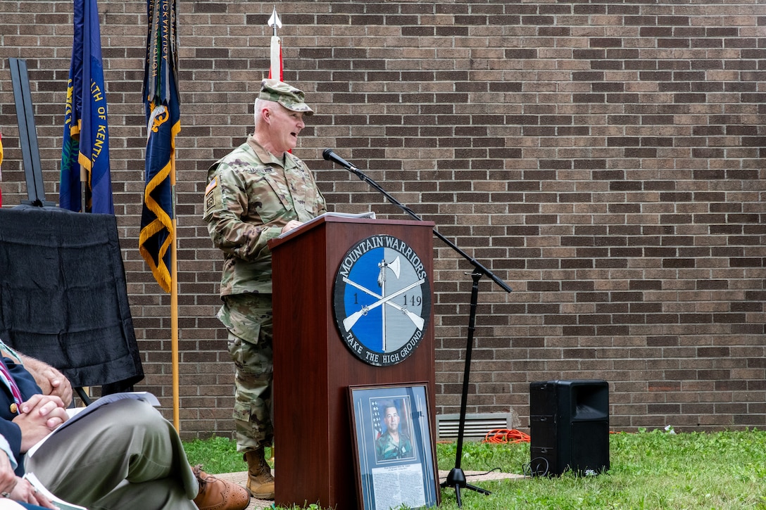 U.S. Army Maj. Gen. Haldane Lamberton gives a speech during the naming ceremony at the Harlan National Guard Armory in Harlan, Kentucky on Sept. 21, 2023. The National Guard armory was named after 1st Sgt. Ottis W. Capps who served as the Alpha Company, 1-149th Infantry full-time support for over 30 years and was a cornerstone of the Harlan National Guard community during his career. (U.S. Army National Guard photo by Andy Dickson)