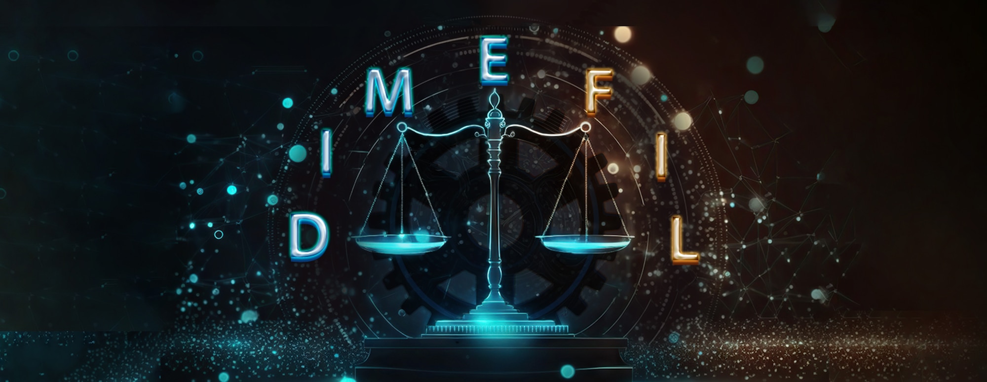 Hybrid warfare and the role of law concept image based on Generative AI. Digital legal scales on a digitally generated background with the text DIMEFIL (diplmatic, informational, military, econonmic, financial, intelligence, and law enforcement). Modified Illustration: © Yeti Studio/stock.adobe.com [image is not public domain]