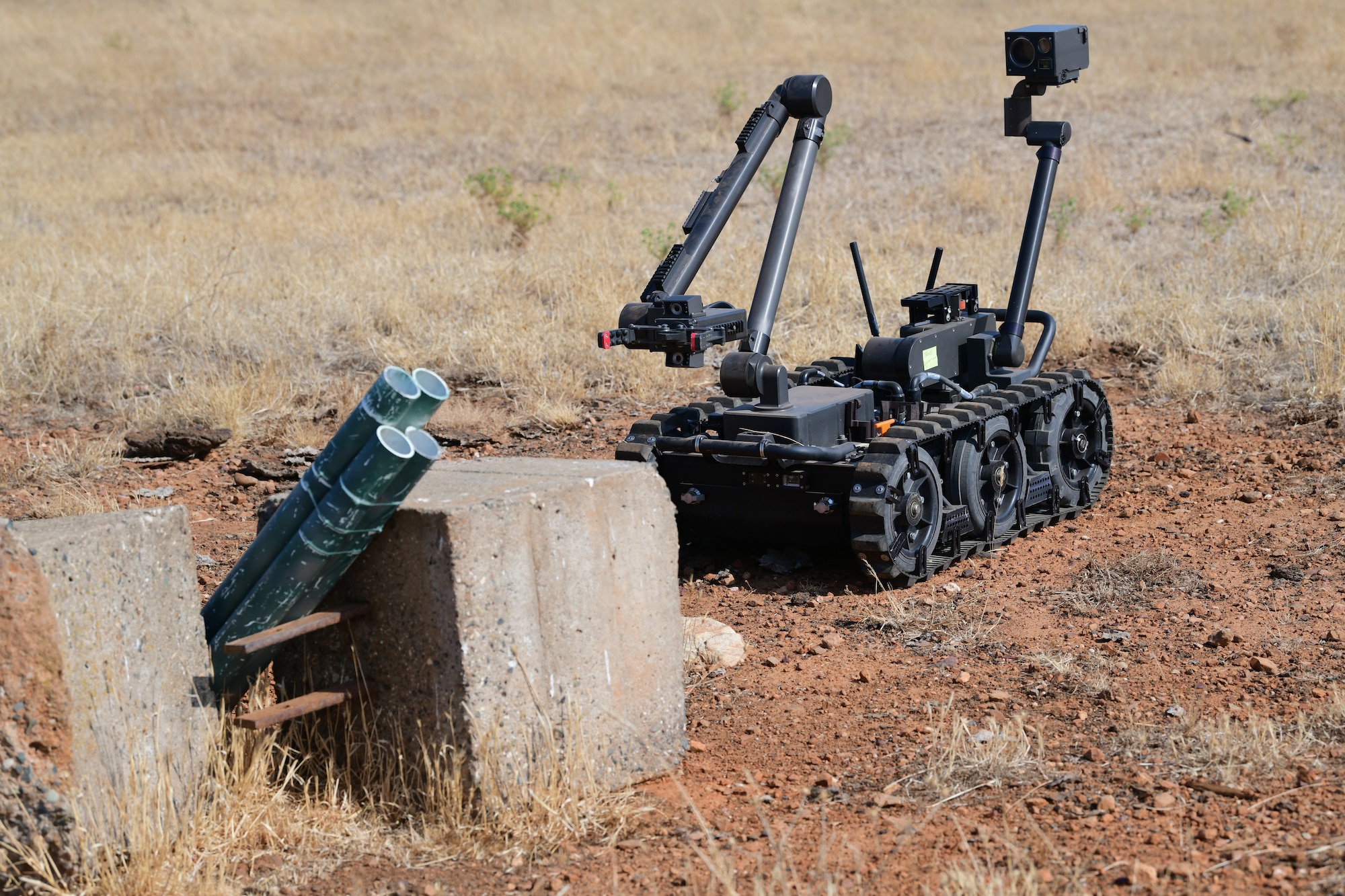 A Man Transportable Robotics system is used to assess an improvised rocket during Exercise GOLDEN CRAB on Beale Air Force Base, California, Sept. 20, 2023.