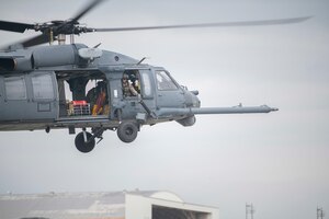 A U.S. Air Force HH-60 Pave Hawk, assigned to the 33rd Rescue Squadron, lifts off for a regular training mission April 3, 2020, at Kadena Air Base, Japan. The HH-60 Pave Hawk’s primary function is to recover personnel in hostile conditions day and night, no matter the weather. (U.S. Air Force photo by Senior Airman Rhett Isbell)