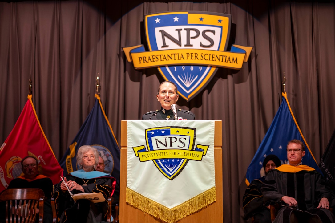 U.S. Marine Corps Maj. Gen. Roberta L. Shea, Legislative Assistant to the Commandant of the Marine Corps, commemorates the Naval Postgraduate School’s summer quarter graduates in King Hall, Sept. 22, 2023.