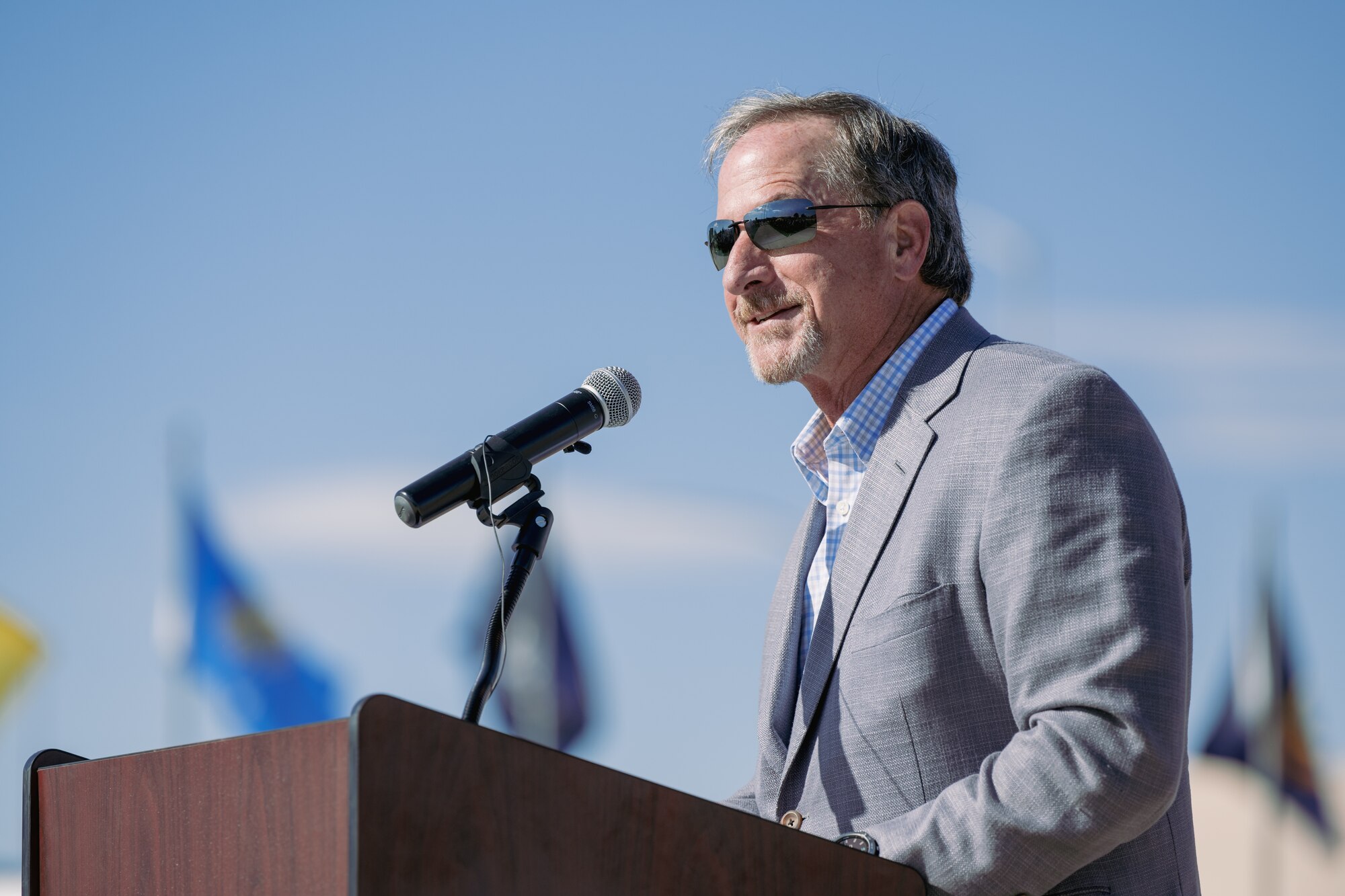 Retired U.S. Air Force Gen. David L. Goldfein gives remarks during a street renaming ceremony at Holloman Air Force Base, New Mexico, Sept. 22, 2023. In June of 2006, Goldfein assumed command of the 49th Fighter Wing, which current members of the 49th Wing have decided to commemorate by naming a street in his honor. (U.S. Air Force photo by Senior Airman Antonio Salfran)