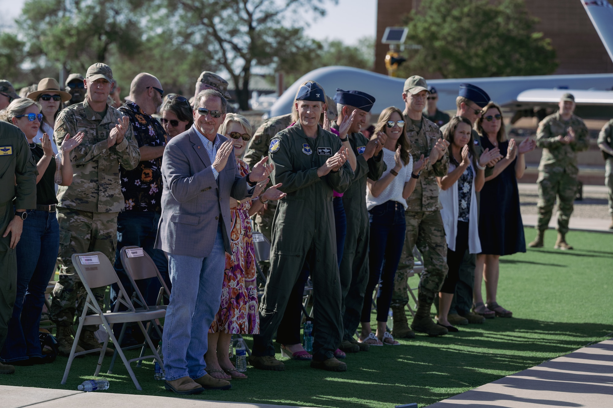 Community members and personnel from the 49th Wing gather at a street renaming ceremony at Holloman Air Force Base, New Mexico, Sept. 22, 2023. A street here was renamed to honor the 21st Chief of Staff of the U.S. Air Force and previous Holloman commander, U.S. Air Force Gen. David L. Goldfein. (U.S. Air Force photo by Senior Airman Antonio Salfran)