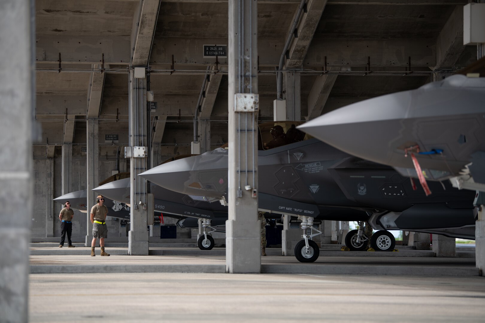 F-35A Lightning II’s assigned to the 355th Fighter Squadron prepare to taxi during a no-notice fighter dispersal exercise at Kadena Air Base, Japan, Sept. 22, 2023. The exercise tested the 18th Wing’s ability to rapidly generate airpower to defend Japan and ensure regional stability. (U.S. Air Force photo by Staff Sgt. Jessi Roth)