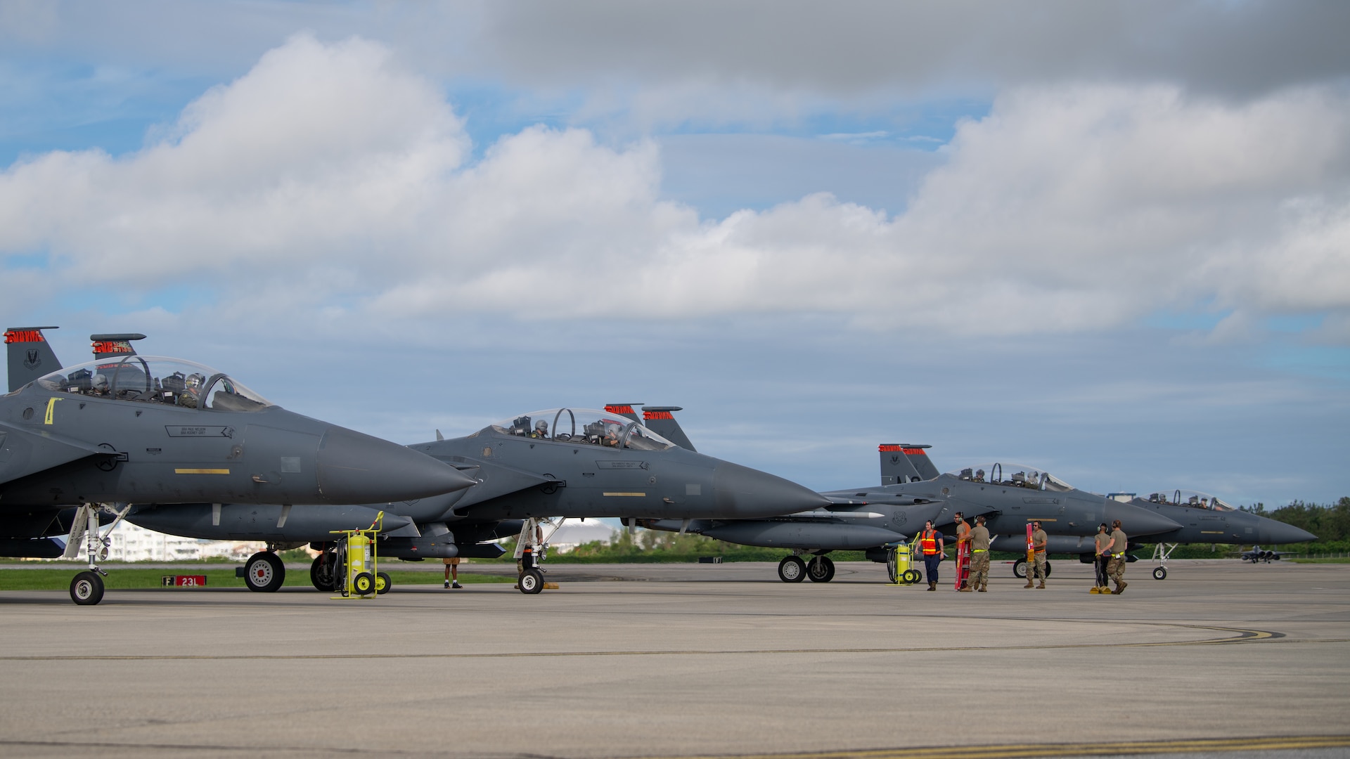 F-15E Strike Eagles assigned to the 391st Fighter Squadron hold on the arming pad during a no-notice fighter dispersal exercise at Kadena Air Base, Japan, Sept. 22, 2023. Large-scale airpower generation exercises ensure Kadena-based Airmen and assets remain postured to deter, deny and defeat any threat to regional stability in the Indo-Pacific. (U.S. Air Force photo by Staff Sgt. Jessi Roth)