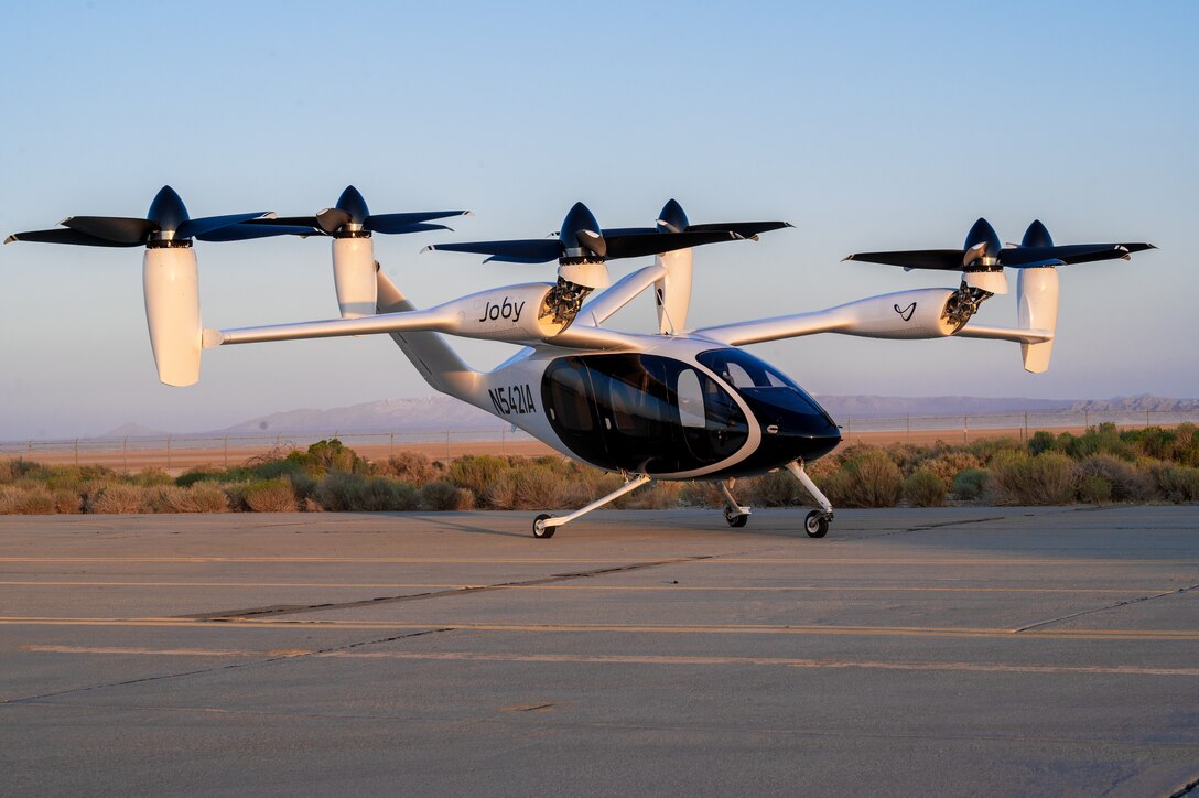 A Joby Aviation, Inc. experimental electronic vertical take-off and landing aircraft is parked at taxi way following a ground test at Edwards Air Force Base, California, Sept. 20. (Air Force photo by Harlan Huntington)