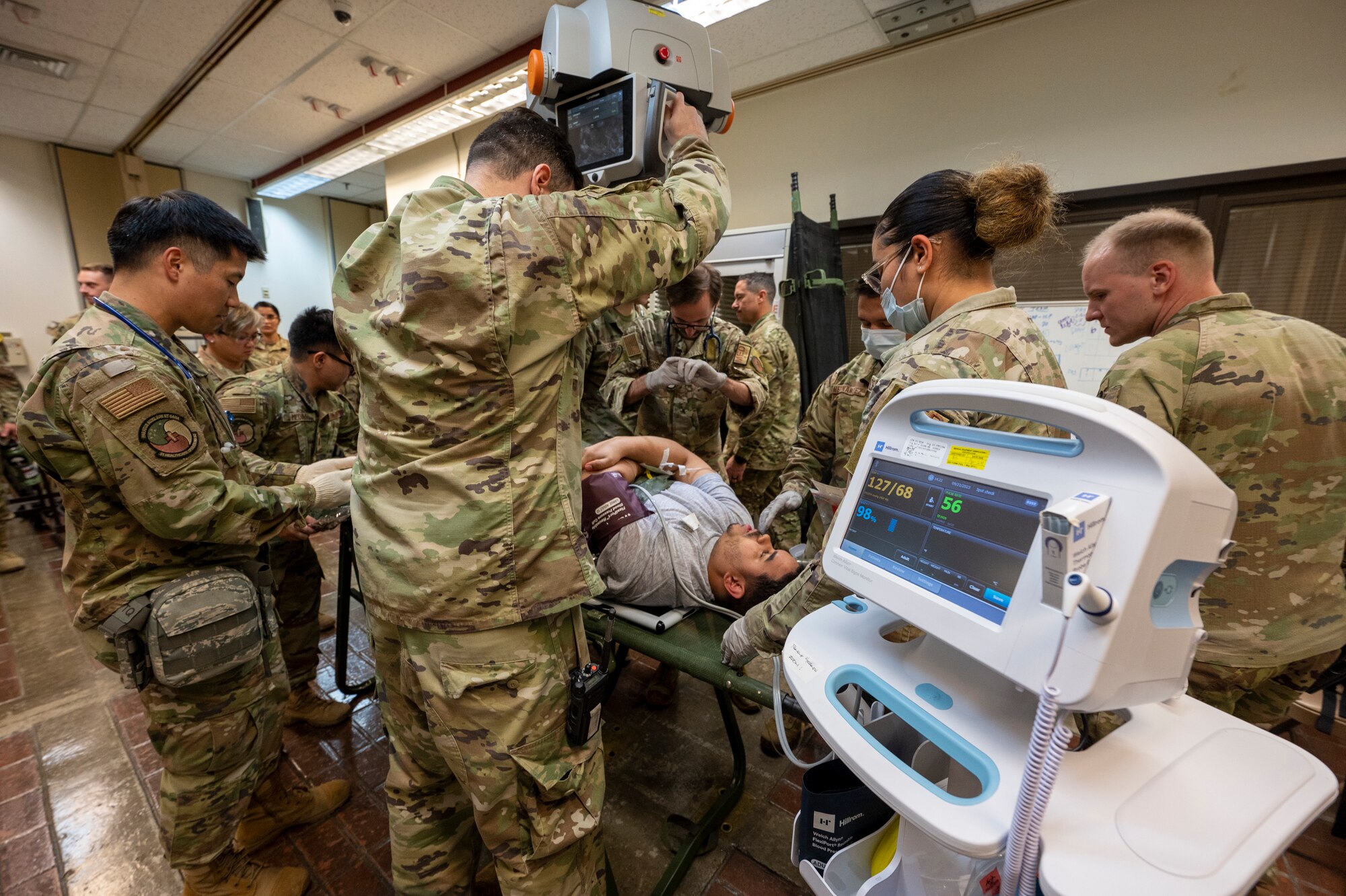 U.S. Air Force Airmen from the 51st Medical Group X-ray a simulated patient during a mass casualty training event at Osan Air Base, Republic of Korea, Sept. 21, 2023. Regular MASCAL trainings provide opportunities to evaluate the functionality of medical equipment, vehicles and communication systems, ensuring everything is in optimal condition to execute the mission. (U.S. Air Force photo by Senior Airman Aaron Edwards)