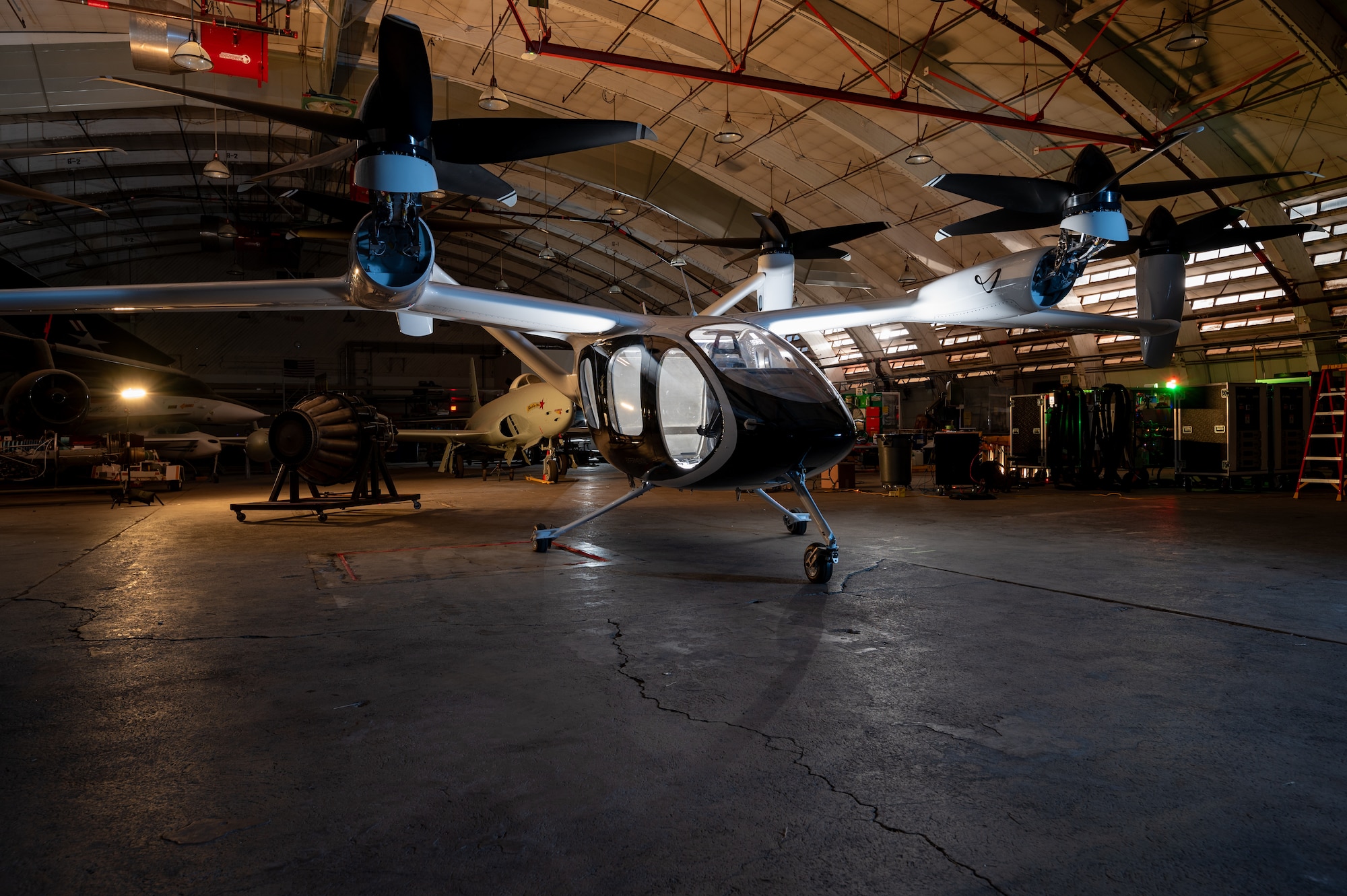 A Joby Aviation, Inc. experimental electronic vertical take-off and landing aircraft is parked at taxi way following a ground test at Edwards Air Force Base, California, Sept. 20. (Air Force photo by Harlan Huntington)