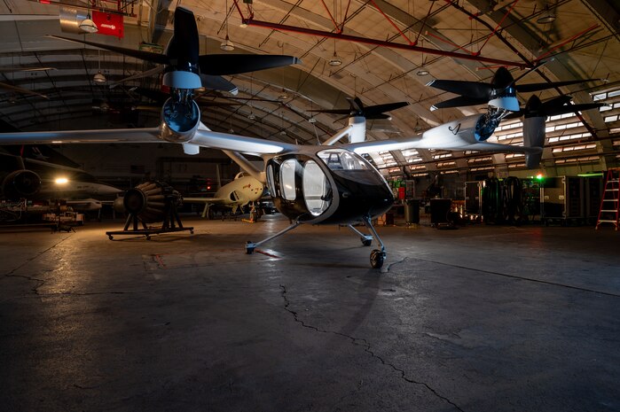 A Joby Aviation, Inc. experimental electronic vertical take-off and landing aircraft is parked at taxi way following a ground test at Edwards Air Force Base, California, Sept. 20. (Air Force photo by Harlan Huntington)