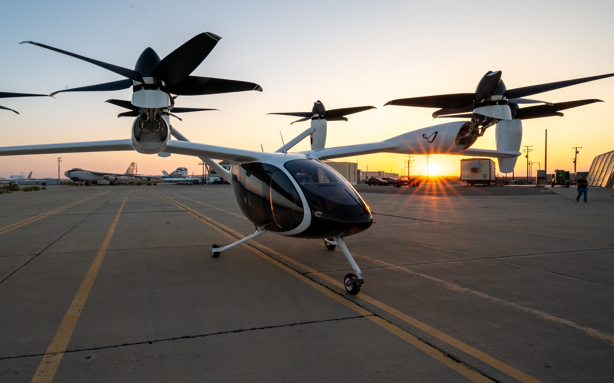 A Joby Aviation, Inc. experimental electronic vertical take-off and landing aircraft is parked at taxi way following a ground test at Edwards Air Force Base, California, Sept. 20. (Air Force photo by Harlan Huntington)