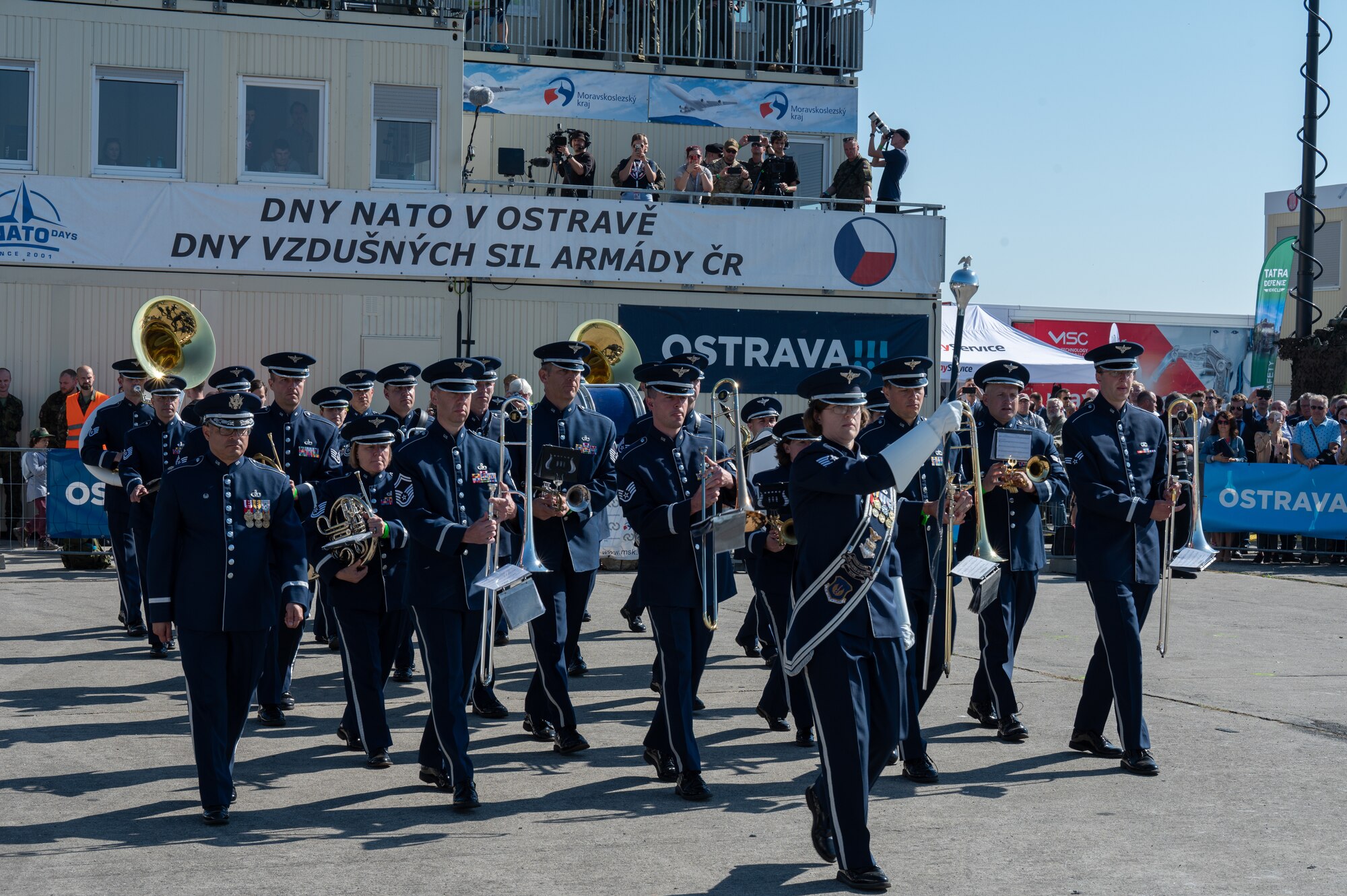 U.S. Air Force Airmen assigned to the U.S. Air Forces in Europe Ceremonial Band, march during the opening ceremony of the NATO Days event at Leoš Janáček Airport in Ostrava, Czech Republic, Sept. 16, 2023.