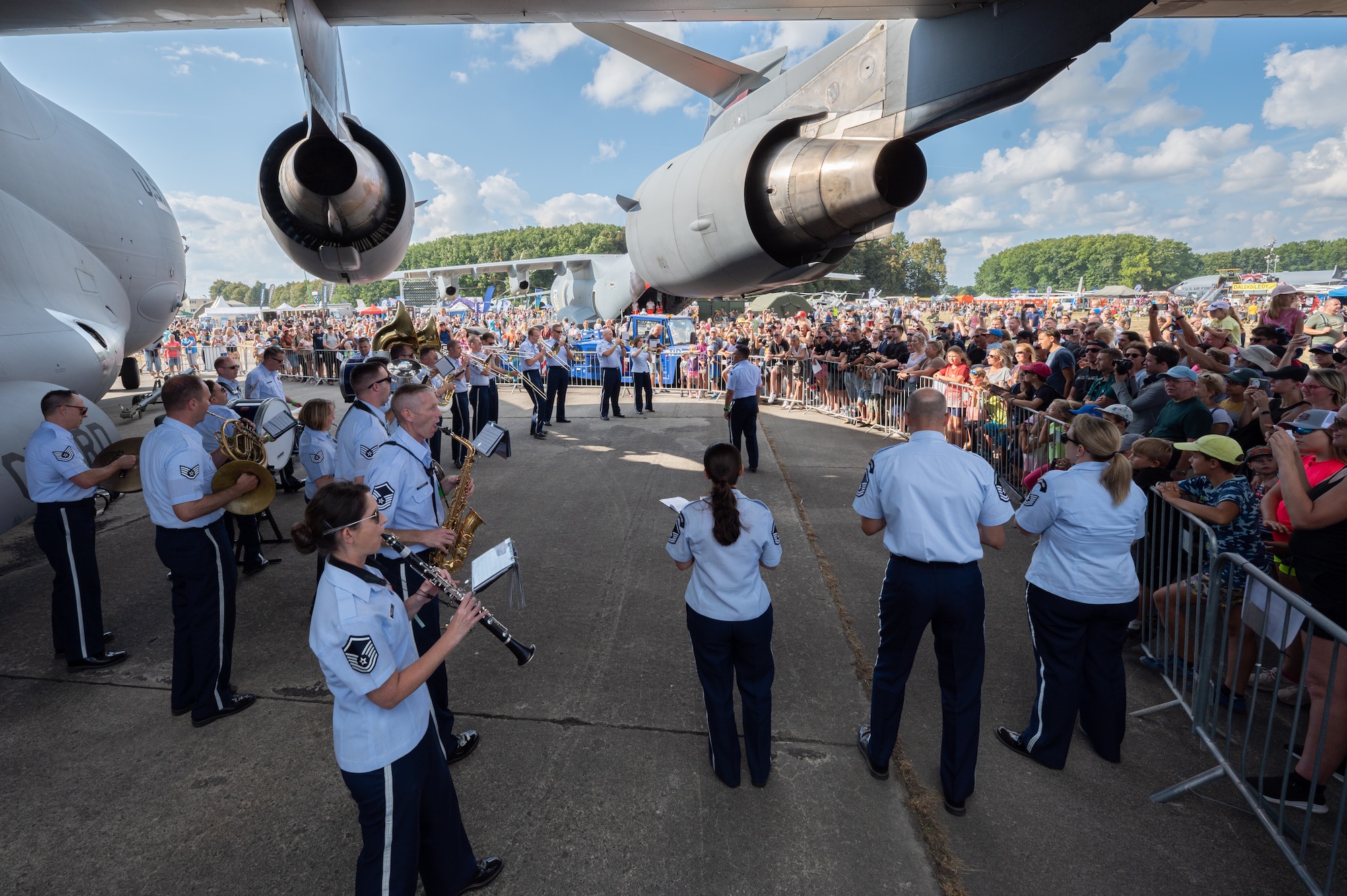 U.S. Air Force Airmen assigned to the U.S. Air Forces in Europe Ceremonial Band, perform during the NATO Days event at Leoš Janáček Airport in Ostrava, Czech Republic, Sept. 17, 2023.