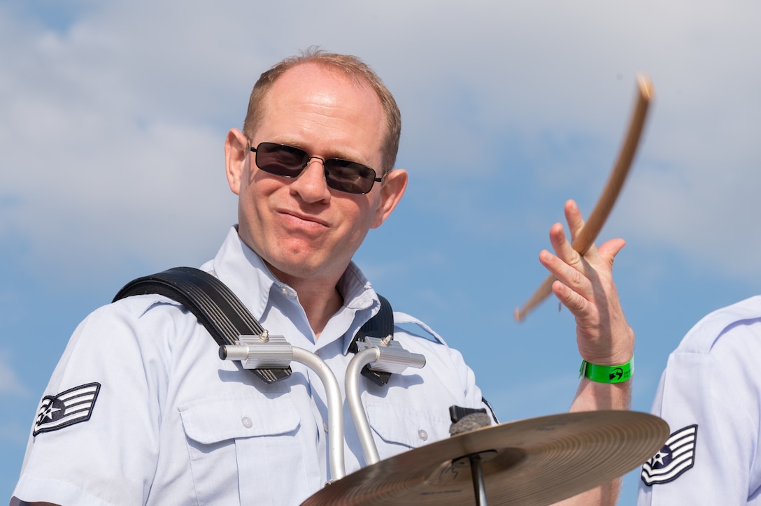 U.S. Air Force Staff Sgt. Dan Dyar, U.S. Air Forces in Europe Ceremonial Band drummer, performs during the NATO Days event at Leoš Janáček Airport in Ostrava, Czech Republic, Sept. 17, 2023. The USAFE Band serves as a bridge to increase cultural ties and enrich the partnerships between the U.S. and Czech Republic through music. (U.S. Air Force photo by Airman 1st Class Christopher Campbell)