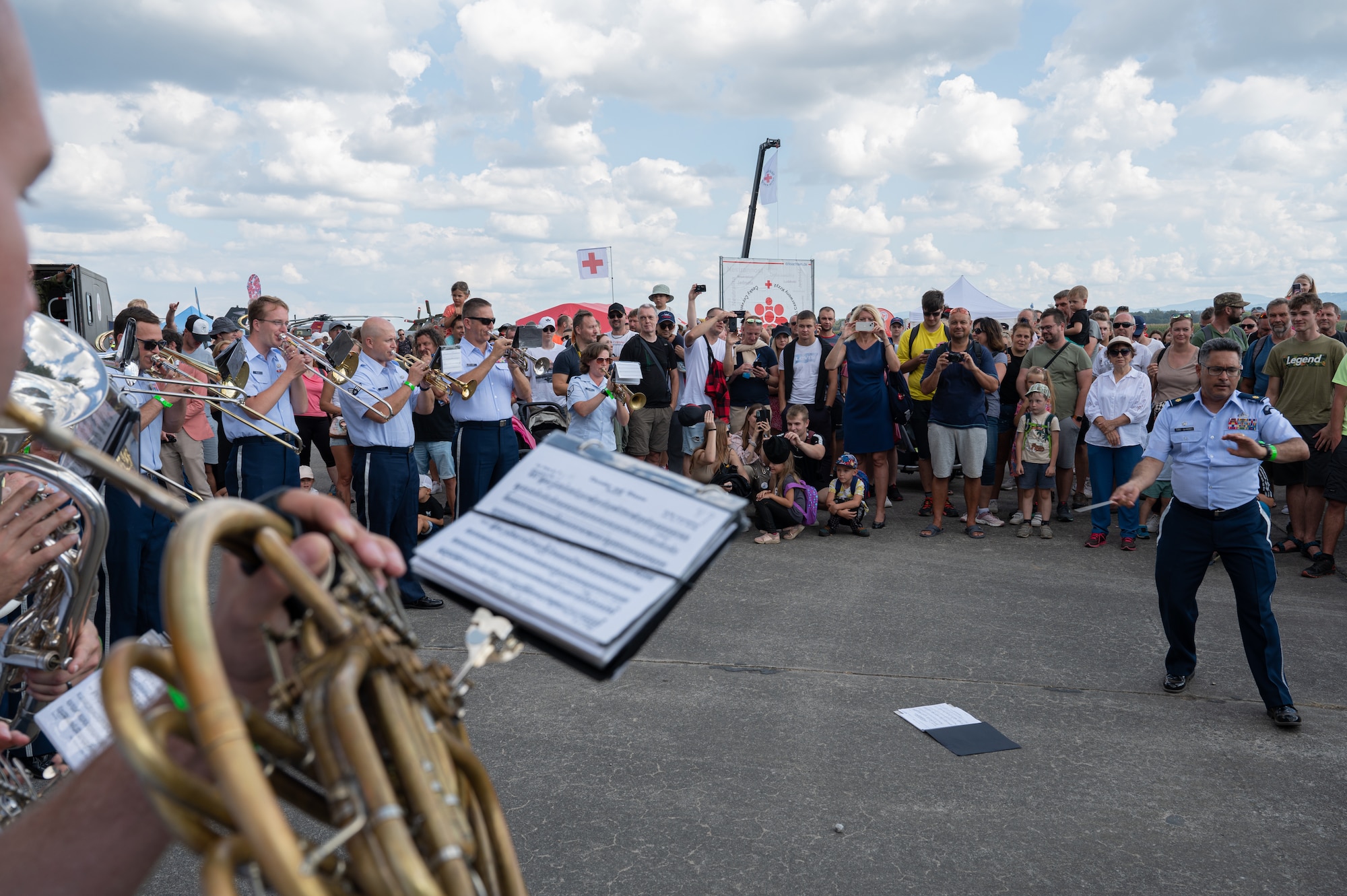 U.S. Air Force Airmen assigned to the U.S. Air Forces in Europe Ceremonial Band perform during the NATO Days event, at Leoš Janáček Airport in Ostrava, Czech Republic, Sept. 17, 2023.