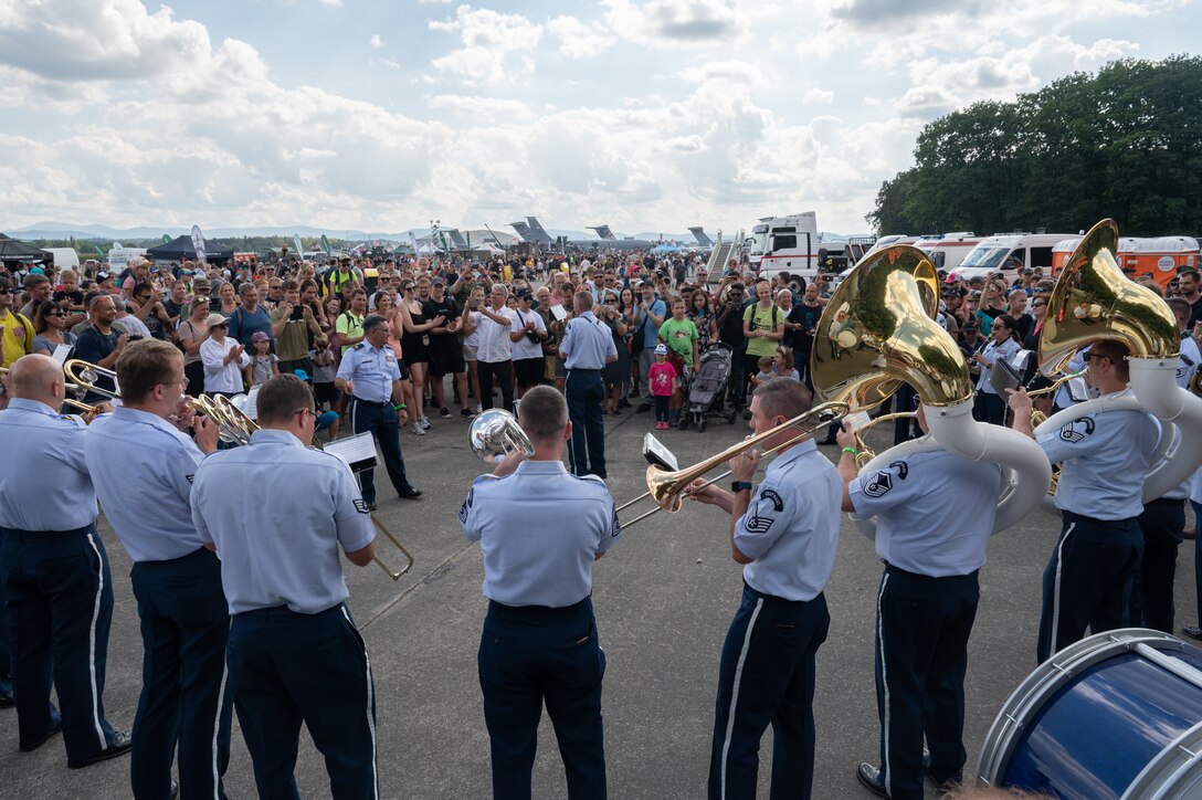 U.S. Air Force Airmen assigned to the U.S. Air Forces in Europe Ceremonial Band, perform during the NATO Days event at Leoš Janáček Airport in Ostrava, Czech Republic, Sept. 17, 2023.