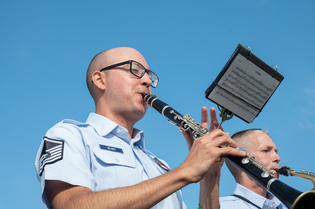 U.S. Air Force Master Sgt. Brian Wilmer, U.S. Air Forces in Europe Ceremonial Band clarinetist, performs at the NATO Days event at Leoš Janáček Airport in Ostrava, Czech Republic, Sept. 17, 2023. The USAFE Band serves as a bridge to increase cultural ties and enrich the partnerships between the U.S. and Czech Republic through music. (U.S. Air Force photo by Airman 1st Class Christopher Campbell)