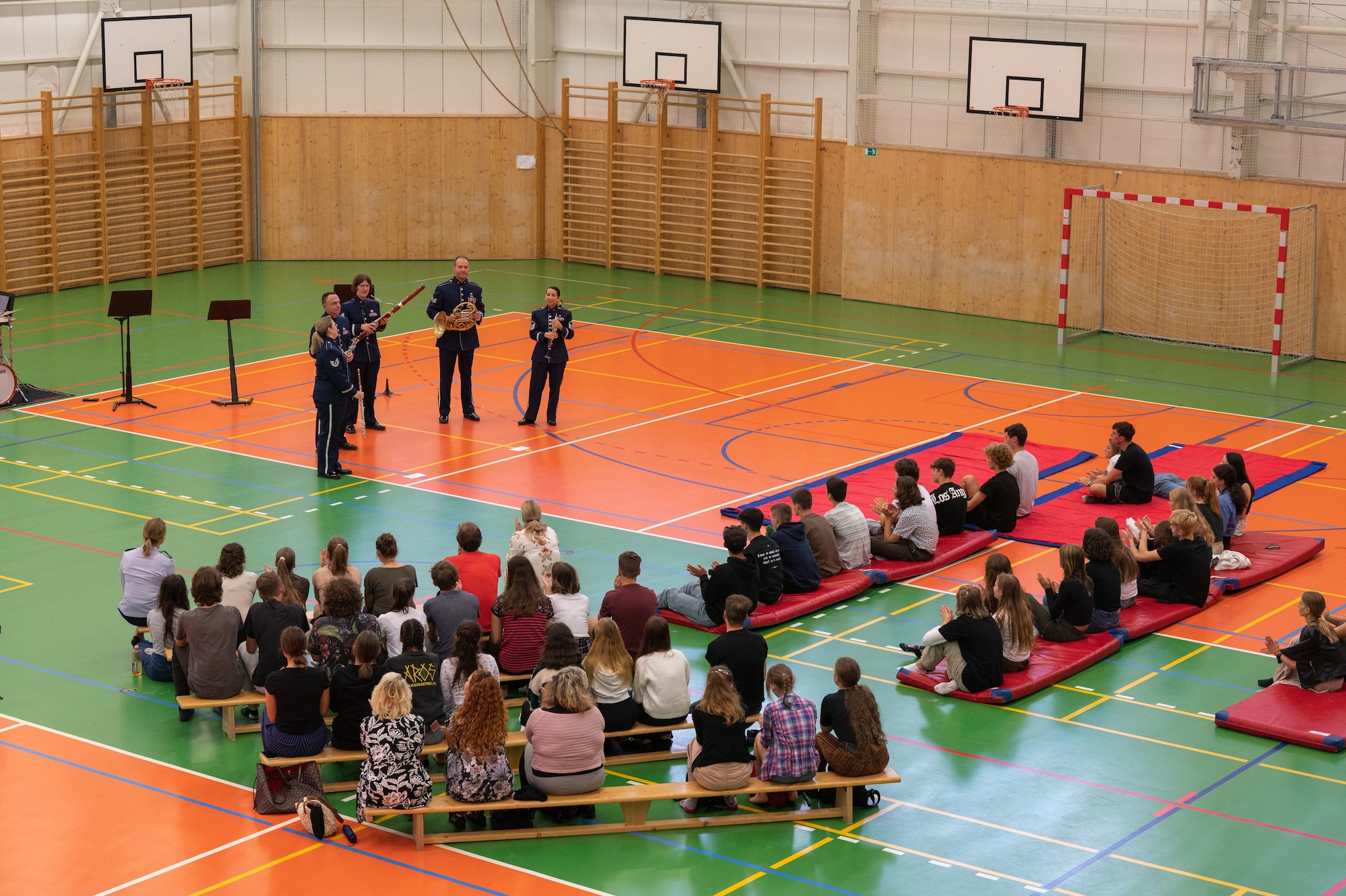 U.S. Air Force Airmen assigned to the U.S. Air Forces in Europe Band’s Winds Aloft Woodwind Quintet perform for students at Silesian Grammar School Opava in Opava, Czech Republic, Sept. 14, 2023.